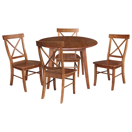 International Concepts 42 in. Solid Wood Round Dual Drop Leaf Dining Table with 4 Chairs in Distressed Oak K42-42DL-C613-4